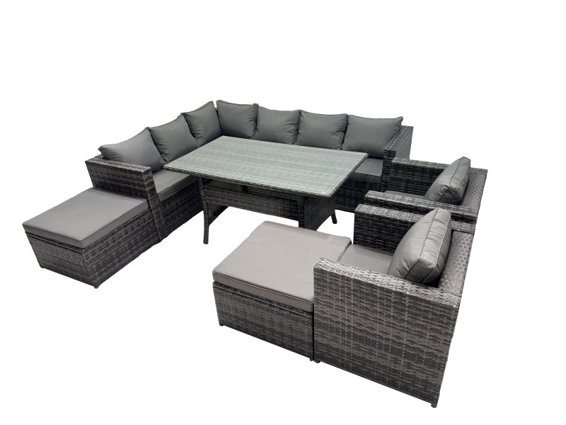 Fimous Outdoor PE Rattan Sofa Set with Dining Table Patio Garden Furniture Sets with 2 Big Stool Dark Grey Mixed