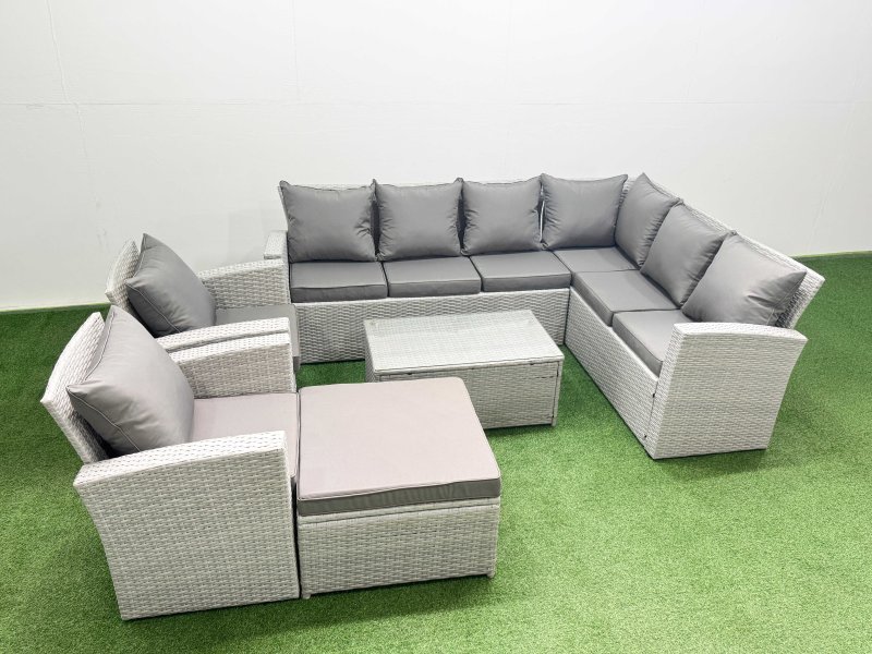 Fimous Garden Outdoor PE Rattan Furniture Set 9 Seater Rattan Garden Sofa Set with Big Footstool Light Grey Mixed