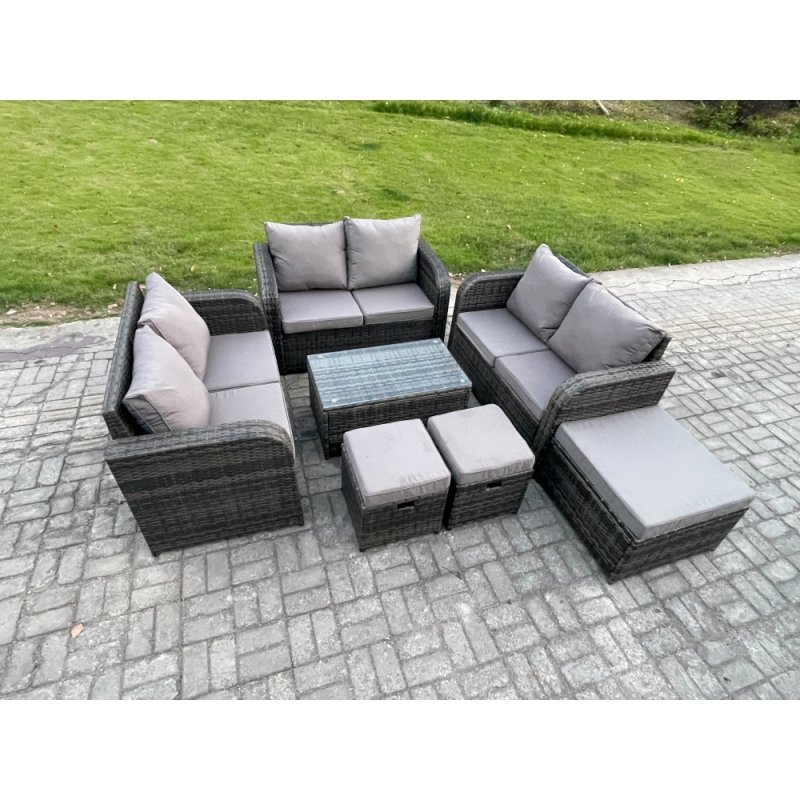 Fimous Outdoor Garden Furniture Sets 9 Seater Wicker Rattan Furniture Sofa Sets with Rectangular Coffee Table Love Sofa 3 Footstools Dark Grey Mixed