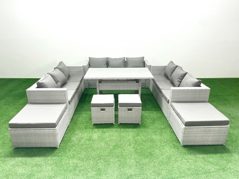Fimous Rattan Garden Furniture Dining Set 13 Seater Lounge Sofa Dining Table Set with 4 Footstools Light Grey Mixed