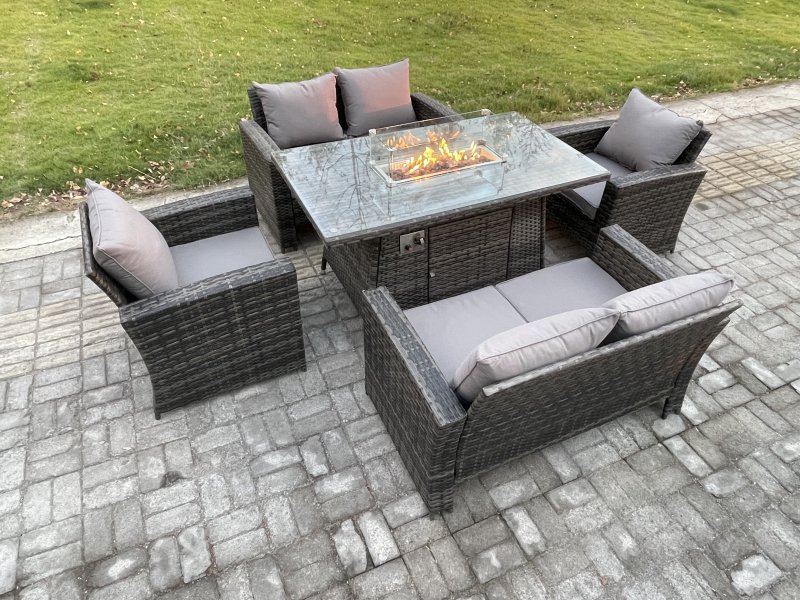 Fimous Wicker PE Rattan Garden Furniture Sets 6 Seater Patio Outdoor Gas Firepit Dining Table Heater Set with Double Seat Sofa Dark Grey Mixed