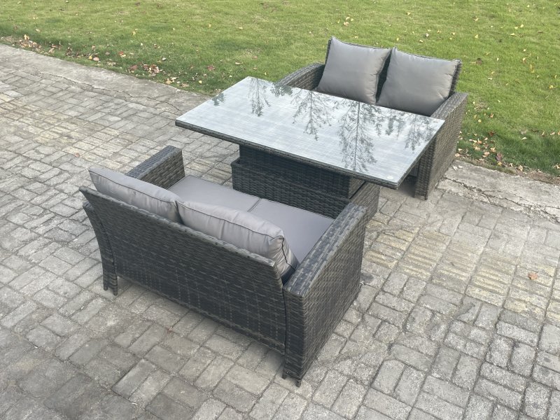 Fimous 3 Pieces Garden Furniture Sets Poly Rattan Outdoor Patio Height Adjustable Rising Lifting Table Sofa Dining Set for Garden Backyard Dark Grey Mixed