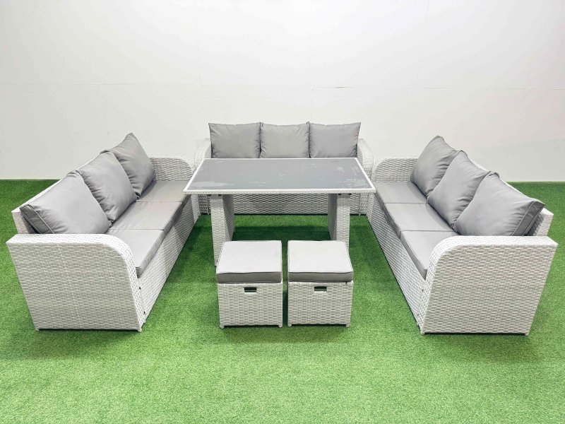 Fimous Patio Garden Furniture Sets with Black Glass Top Dining Table 3 Seater Sofa 2 Small Stool Light Grey