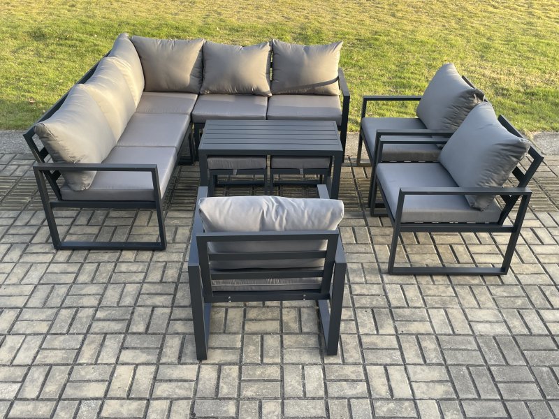 Fimous 10 Seater Aluminium Outdoor Garden Furniture Set Patio Lounge Sofa with Oblong Coffee Table Chair 2 Small Footstools Dark Grey