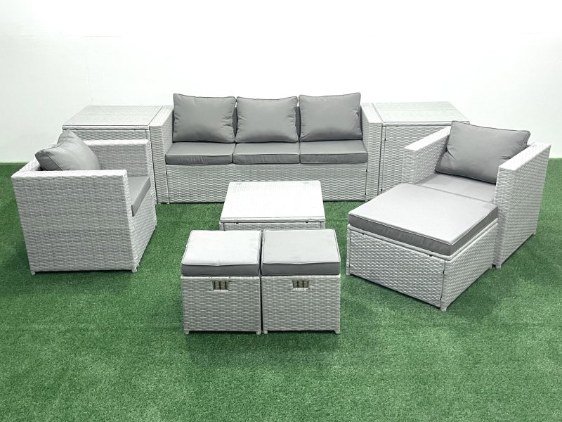 Fimous Rattan Garden Outdoor Furniture Sofa Set with Square Coffee Table 2 Chairs 3 Footstools 2 Side Tables Light Grey Mixed