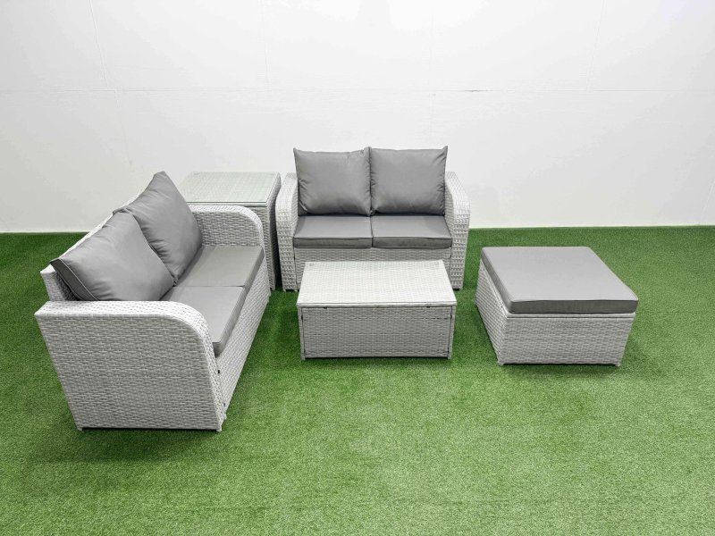 Fimous 5 Seater Outdoor Love Sofa Set Rattan Garden Furniture Set with Rectangular Coffee Table Big Footstool Side Table Light Grey