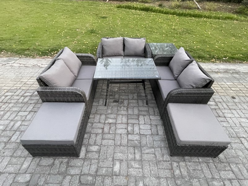 Fimous Outdoor Rattan Garden Furniture Set 8 Seater Patio Love Sofa Set with Rectangular Dining Table 2 Big Footstool Side Table Dark Grey Mixed