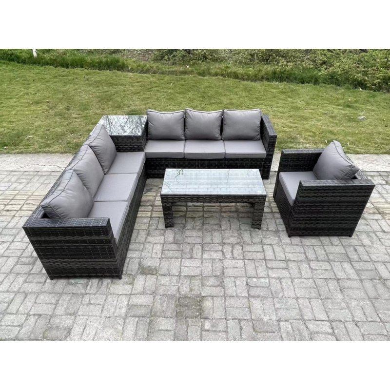 Fimous 7 Seater Rattan Corner Sofa Set With Square Side Table And Oblong Rectangular Coffee Tea Table Arm Chair Dark Grey Mixed