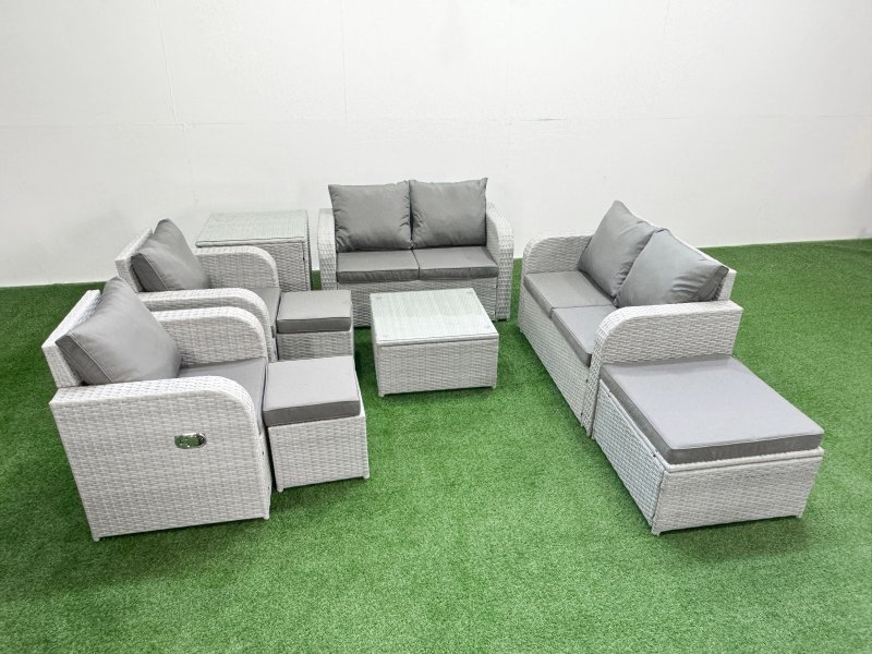 Fimous 9 Seater Outdoor Reclining Chair Love Sofa Set Rattan Garden Furniture Set with Square Coffee Table 3 Stools Side Table Light Grey