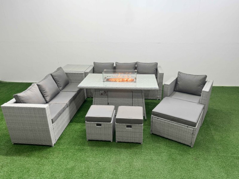 Fimous 10 Seat PE Rattan Lounge Sofa Set Outdoor Garden Furniture Set with Firepit Dining Table 3 Seater Sofa 3 Stools Side Table Light Grey