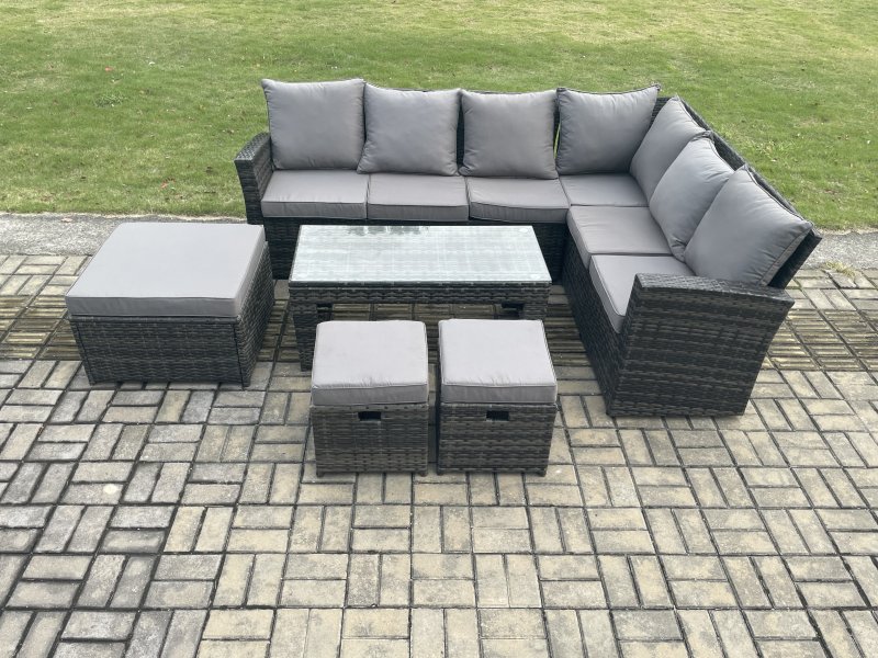 Fimous Rattan Corner Sofa Garden Furniture Set with 3 Footstools Rectangular Coffee Table with Cushion Dark Grey Mixed