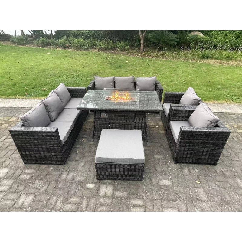 Fimous 9 Seater Outdoor PE Rattan Garden Furniture Set Gas Fire Pit Dining Table Gas Heater Burner With Sofa Armchairs Big Footstool Dark Grey Mixed