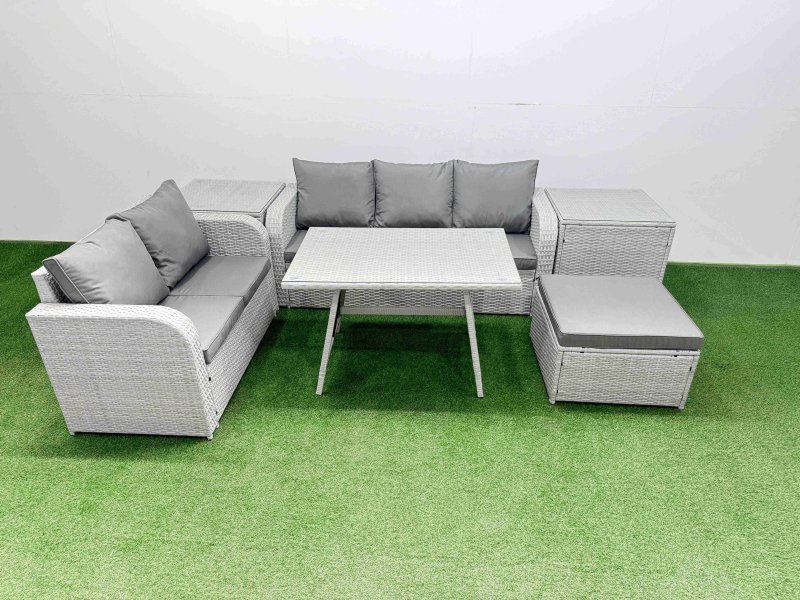 Fimous Outdoor PE Rattan Garden Furniture Set Rectangular Dining Table Sofa Set with Big Stool 2 Side Tables Light Grey