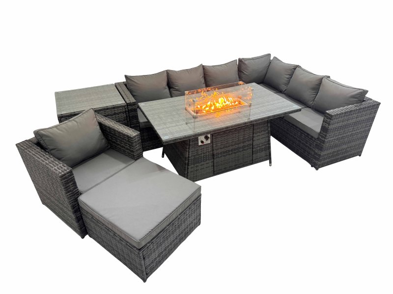 Fimous Garden Rattan Furniture Set 8 Seater Outdoor Corner Sofa Chair Gas Firepit Dining Table Set with Big Stool Side Table Dark Grey