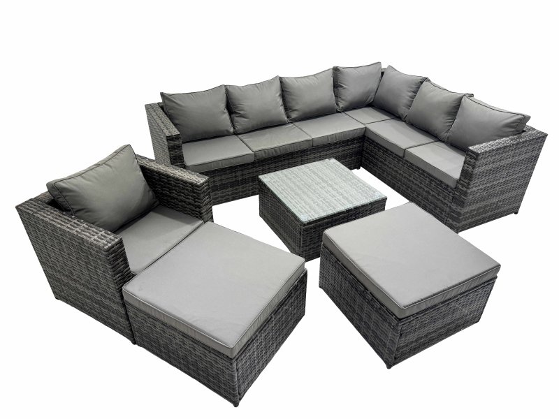 Fimous Outdoor PE Rattan Garden Furniture Sofa Set with Square Coffee Table Chair 2 Big Stools Dark Grey