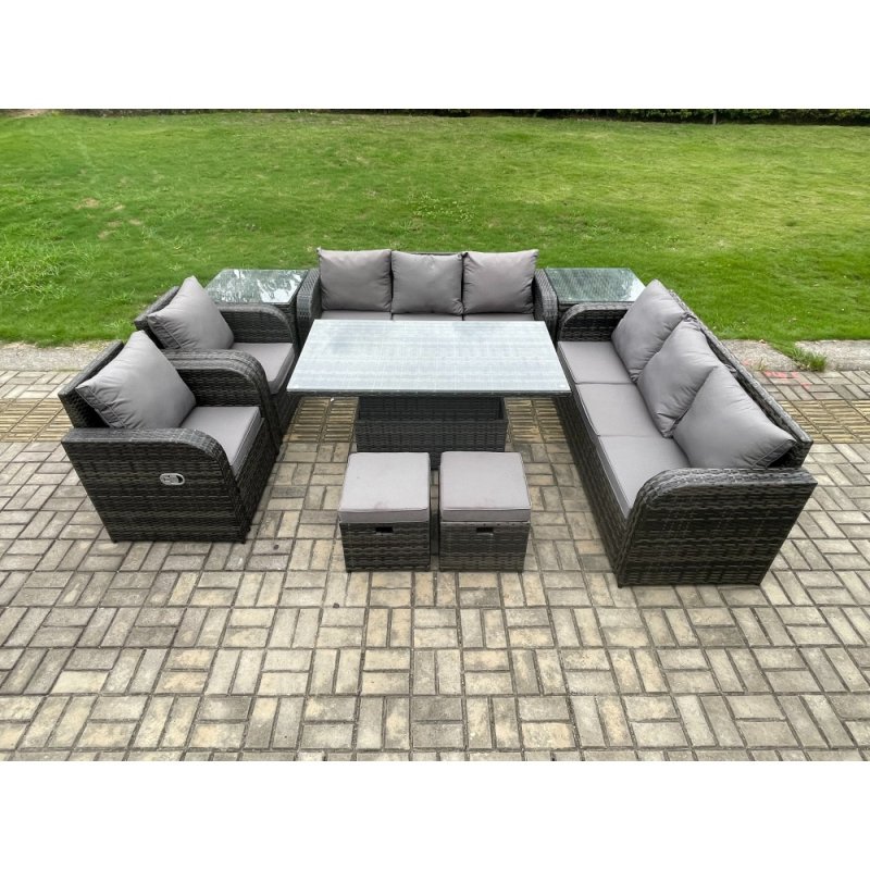 Fimous Rattan Outdoor Garden Furniture Sets Height Adjustable Rising lifting Dining Table Reclining Chair Sofa Set with 2 Side Tables 2 Small Footstools Dark Grey Mixed