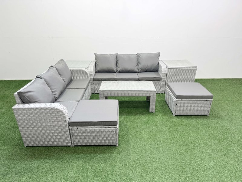 Fimous Outdoor Garden Furniture Sets 8 Seater Wicker Rattan Furniture Sofa Sets with Oblong Coffee Table high Back Lounge Sofa 2 Big Footstool 2 Side Table Light Grey