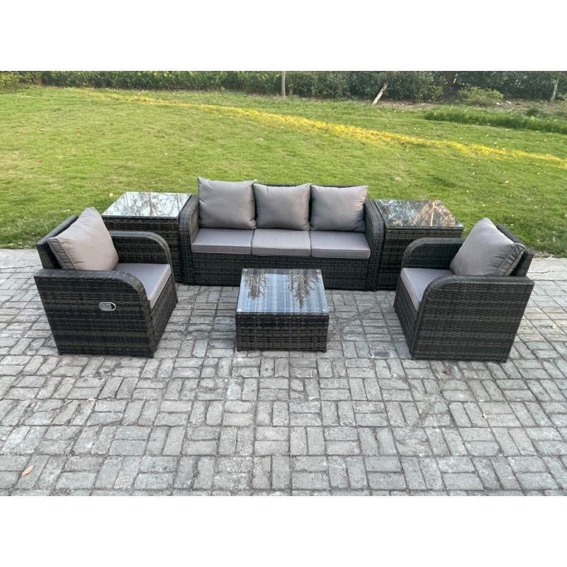 Fimous Garden Furniture Sets 5 Seater Wicker Rattan Furniture Patio Sofa Sets with Reclining Chair 3 Seater Sofa 2 Side Tables Dark Grey Mixed