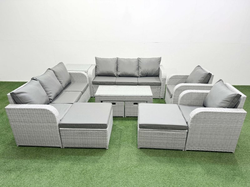 Fimous PE Wicker Rattan Furniture Sofa Sets with Oblong Coffee Table 3 Seater Sofa 4 Stools Side Table Light Grey