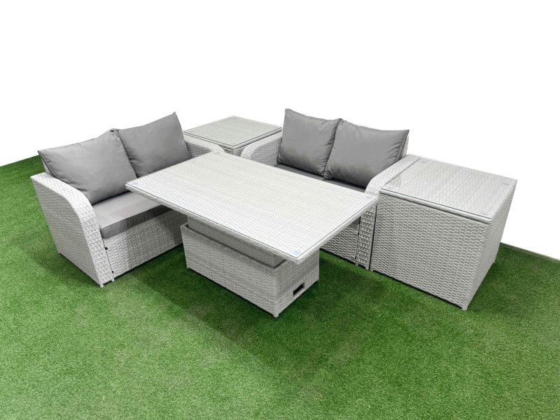 Fimous 4 Seater Outdoor Love Sofa Set Rattan Garden Furniture Set with Adjustable Lifting Dining or Coffee Table 2 Side Tables Light Grey