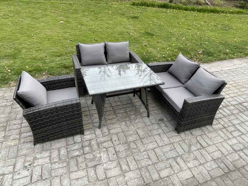 Fimous 5 Seater Wicker PE Rattan Garden Dining Set Outdoor Furniture Sofa with Rectangular Dining Table Double Seat Sofa Dark Grey Mixed