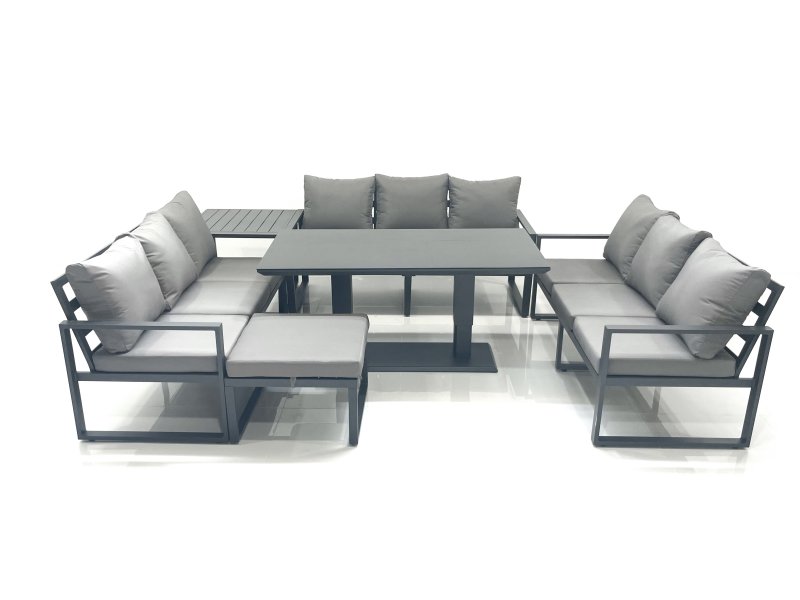 Fimous 10 Seater Garden Sofa Set Aluminium Furniture Rising Dining Tabe Set with Side Table Big Footstool Dark Grey