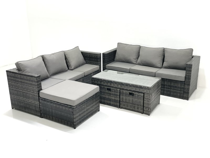 Fimous Garden Outdoor Rattan Furniture Set with Sofa Coffee table 3 Footstools Dark Grey Mixed