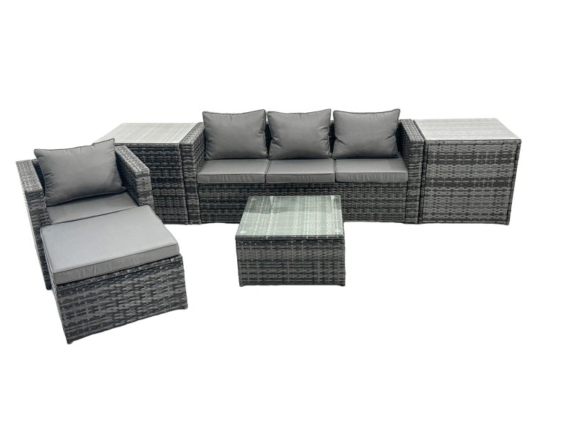 Fimous Outdoor Rattan Garden Furniture Set 5 Seater Patio Lounge Sofa Set with Armchair Square Coffee Table Big Footstool Dark Grey Mixed
