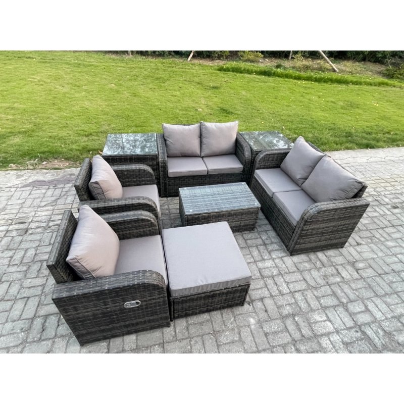 Fimous 7 Seater Rattan Garden Furniture Set Patio Outdoor Lounge Sofa Set with Rectangular Coffee Table Big Footstool Love Sofa 2 Side Tables Dark Grey Mixed