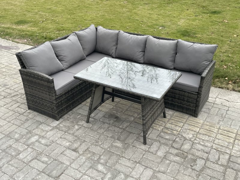 Fimous Wicker Rattan Garden Furniture Corner Sofa Set with Oblong Dining Table 6 Seater Outdoor Rattan Set Dark Grey Mixed