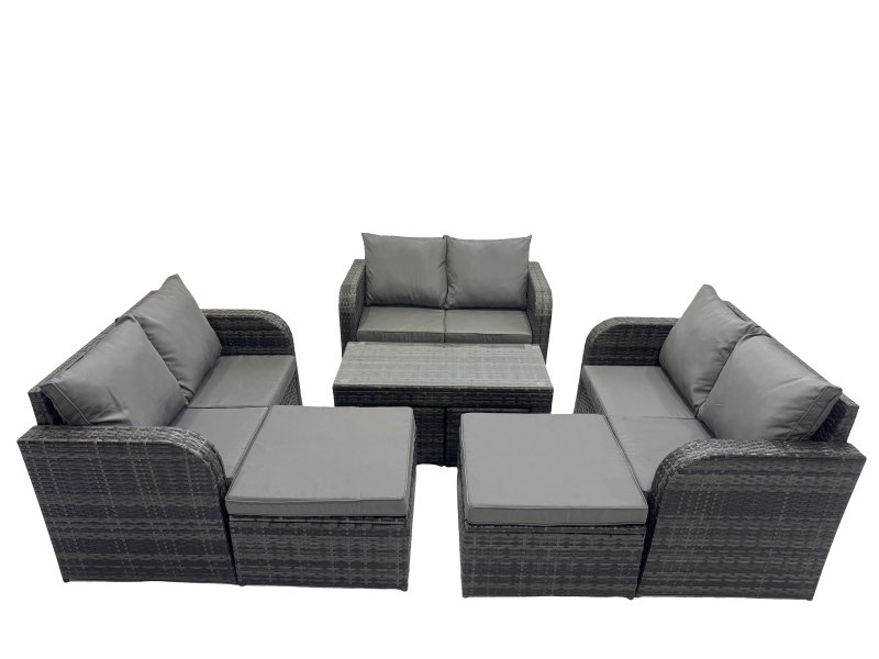 Fimous 3 Seater Sofa Reclining Chair Coffee Table Set Rattan Garden Outdoor Furniture Set with 2 Big Footstools Dark Grey Mixed