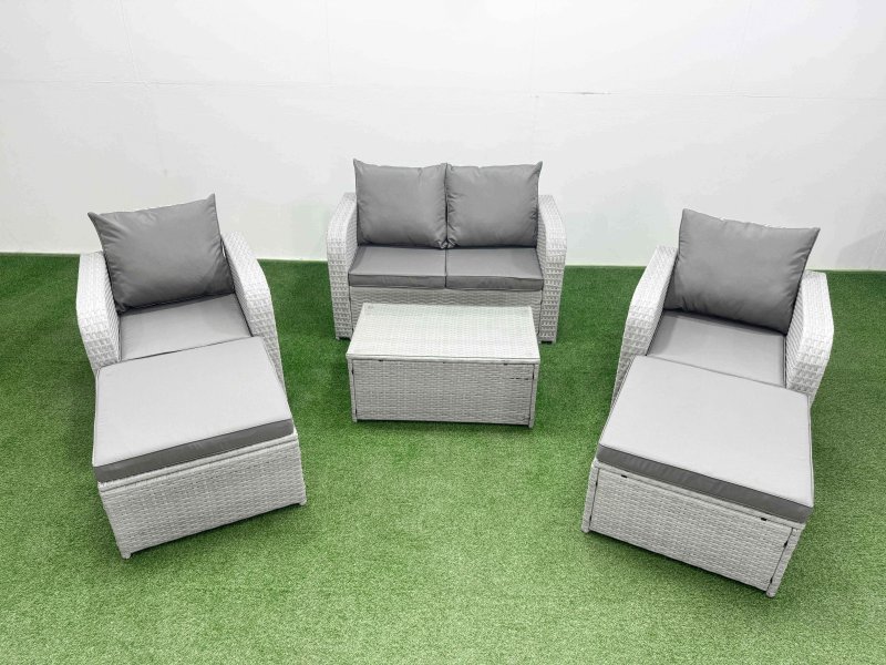 Fimous Light Grey PE Wicker Rattan Garden Furniture Set Sofa Set Reclining Adjustable Chair Rectangular Coffee Table 6 Seater 2 Big Stools