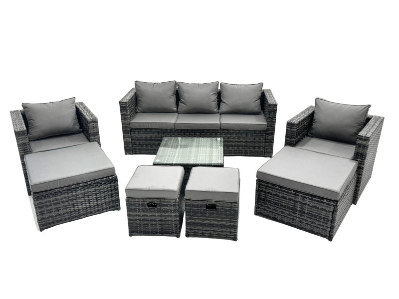 Fimous Outdoor Rattan Garden Furniture Set 9 Seater Patio Lounge Sofa Set with Armchair Square Coffee Table 4 Footstool Dark Grey Mixed