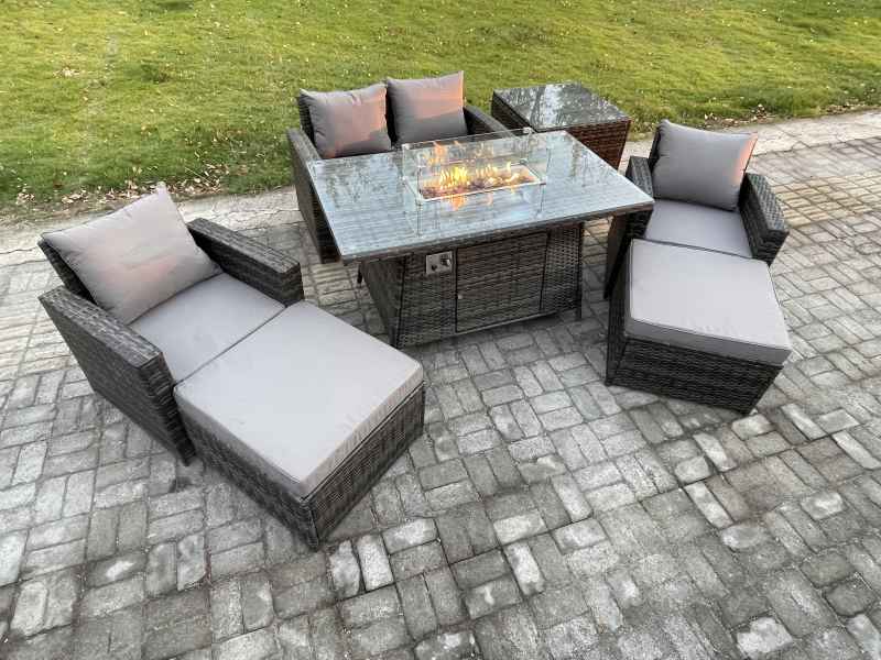 Fimous Outdoor Garden Dining Sets 6 Seater Rattan Patio Furniture Sofa Set with Gas Firepit Table 2 Big Footstool Side Table Dark Grey Mixed