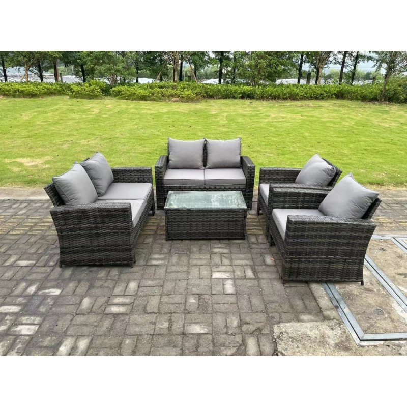 Fimous 6 Seater Dark Grey Mixed High Back Rattan Sofa Set rectangular Coffee Table Garden Furniture Outdoor Patio