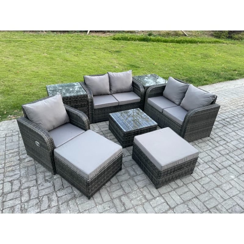 Fimous PE Rattan Garden Furniture Sets Outdoor Love Sofa Chair Set Square Coffee Table 2 Side Tables 2 Big Footstool
