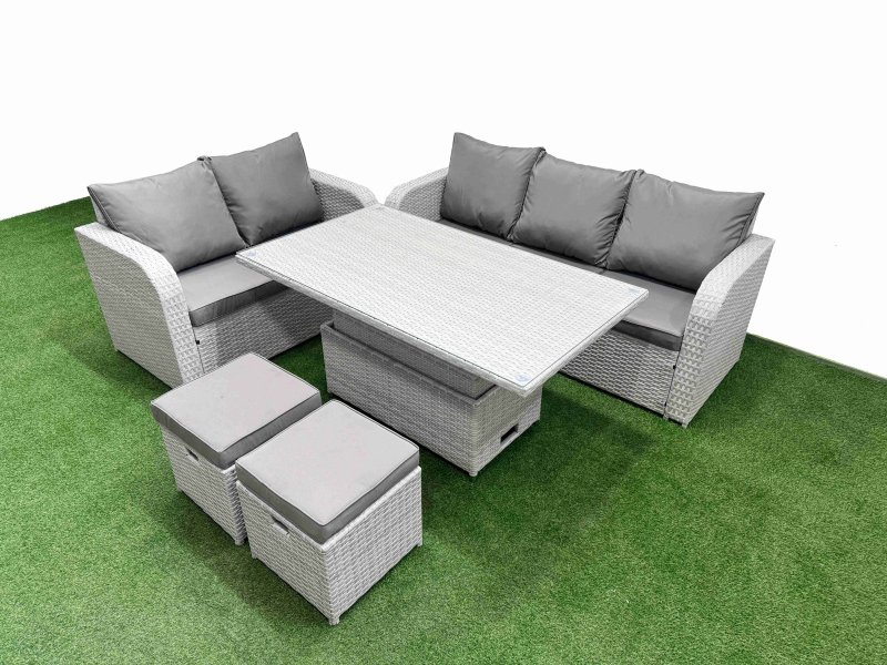 Fimous 7 Seater PE Rattan Wicker Garden Furniture Patio Conservatory Sofa Set with Adjustable Lifting Dining or Coffee Table 3 Seater Sofa Love Sofa 2 Stools