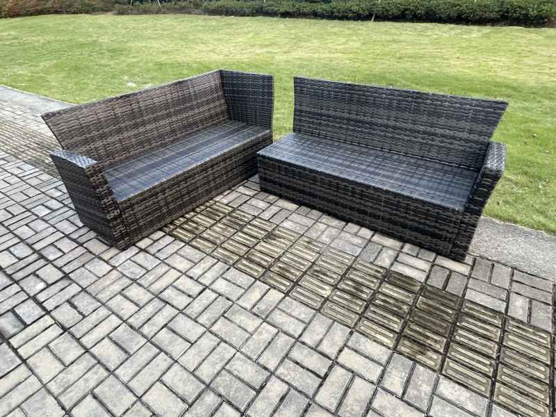 Fimous 10 Seat Rattan Garden Furniture Corner Sofa Set Outdoor Patio Sofa Chair Table Set with 2 Small Footstools Dark Grey Mixed