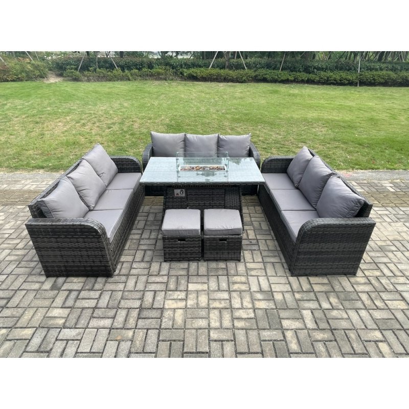 Fimous Rattan Furniture Garden Dining Set Gas Fire Pit Table With Lounge Sofa 2 Small Footstools Dark Grey Mixed