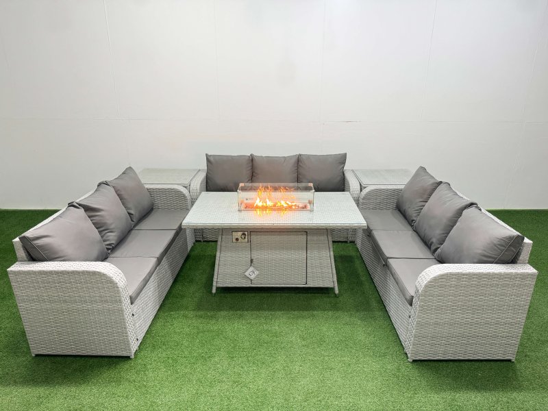 Fimous PE Rattan Lounge Sofa Set 9 Seater Outdoor Garden Furniture Set with Firepit Dining Table 3 Seater Sofa 2 Side Table Light Grey
