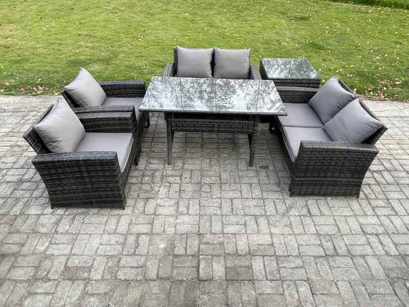 Fimous Rattan Garden Furniture Set 6 Seater Patio Outdoor Lounge Sofa Set with Oblong Dining Table Double Seat Sofa Side Table Dark Grey Mixed