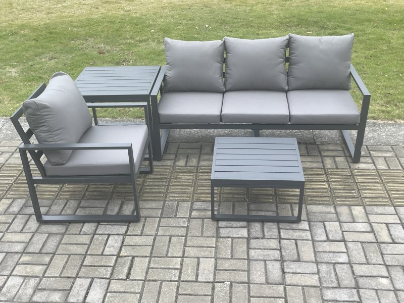 Fimous Aluminium Outdoor Garden Furniture Set Lounge Sofa Chairs Square Coffee Table Sets with Side Table Conservatory Set Dark Grey