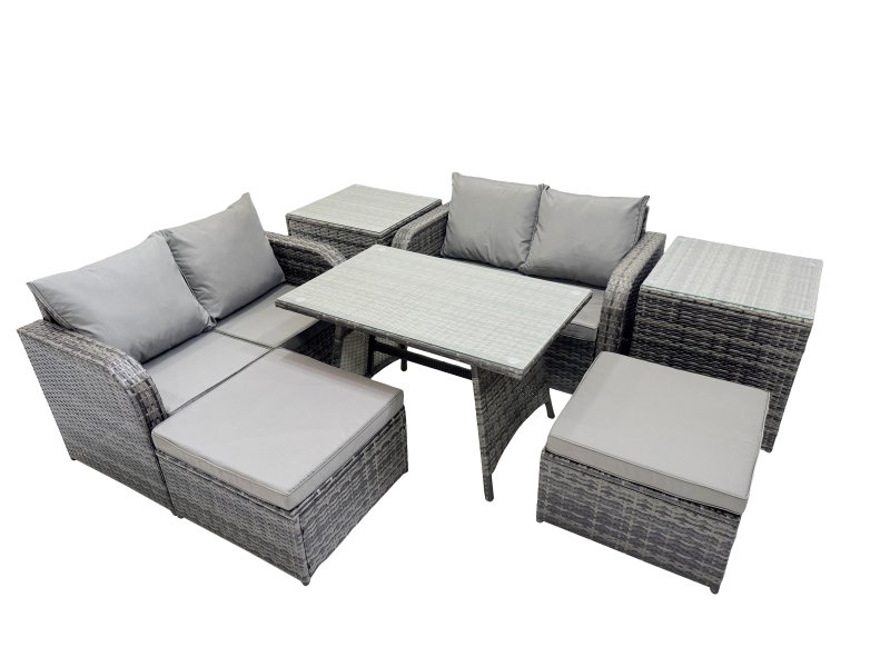Fimous 6 Seater Garden Outdoor Rattan Furniture Set Rattan Sofa Oblong Dining Table with 2 Side Table Dark Grey