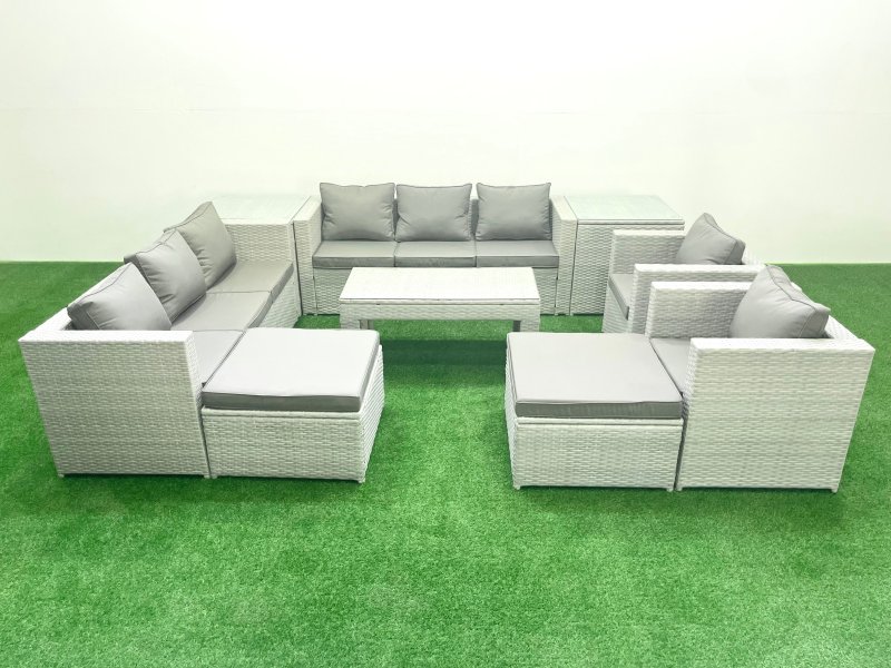 Fimous Outdoor Garden Furniture Rattan Sofa Set with 2 Armchairs Oblong Coffee Table 2 Big Footstools 2 Side Tables Light Grey Mixed