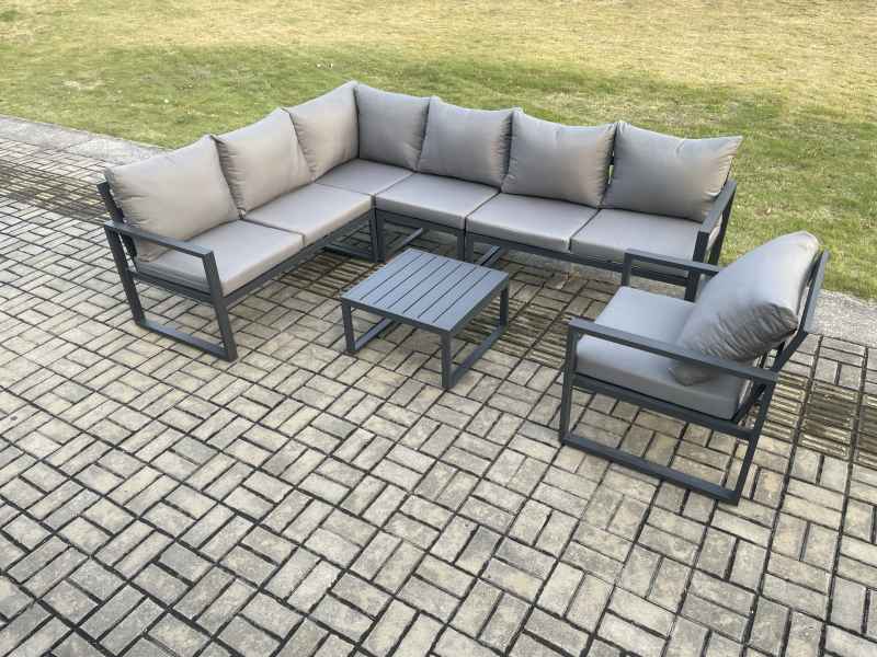 Fimous Aluminium Garden Furniture Set Outdoor Lounge Corner Sofa Chair Square Coffee Table Sets Dark Grey 7 Seater