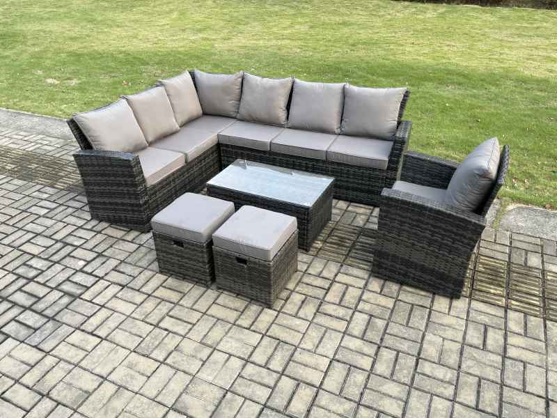 Fimous 9 Seater Outdoor Furniture Garden Dining Set Rattan Corner Sofa Set with Rectangular Coffee Table 2 Small Footstools Dark Grey Mixed