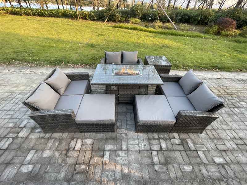 Fimous High Back Rattan Garden Furniture Sofa Sets with Outdoor Furniture Gas Firepit Dining Table Set 2 Big Footstool Side Table Dark Grey Mixed