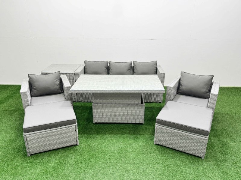 Fimous 7 PCs Rising Dining Table Set Rattan Furniture Set with 3 Seater Sofa Chair 2 Big Footstools Side Table Light Grey