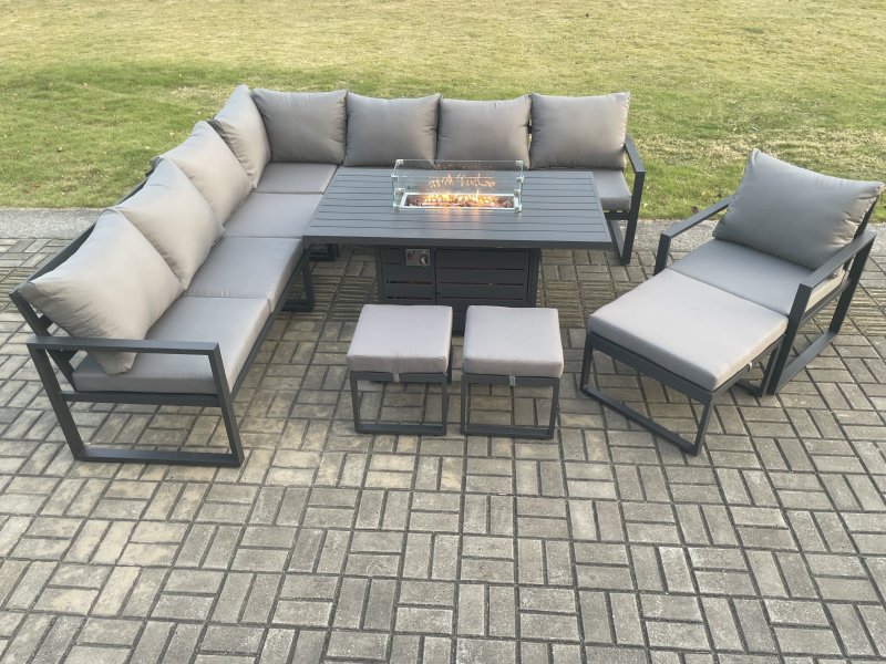 Fimous Aluminium Lounge Corner Sofa Outdoor Garden Furniture Sets Gas Fire Pit Dining Table Set with Chair 3 Footstools Dark Grey