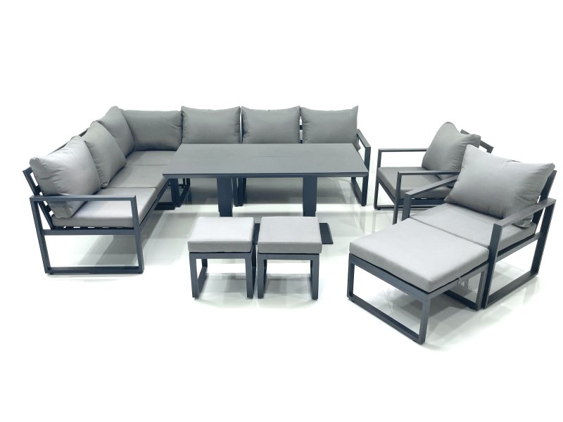Fimous Aluminum Outdoor Garden Furniture Set Corner Sofa 2 Chair 3 Footstools Adjustable Rising Lifting Dining Table Sets Dark Grey